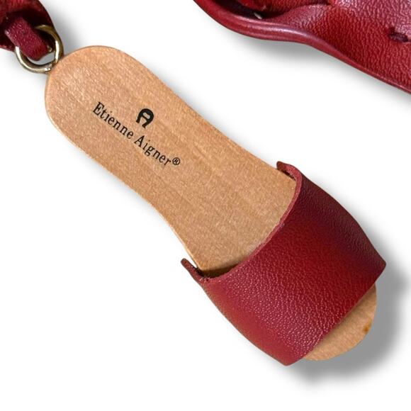 VTG Etienne Aigner Woven Straw & Cranberry Trim Shoulder Bag Wood Sandal Fob - Picture 5 of 14